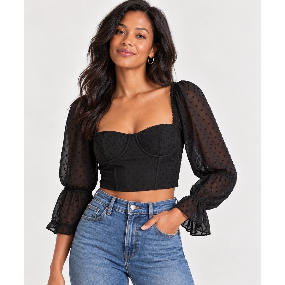 Black Swiss Dot Corset Style Crop Top Sheer Puff Sleeve Coquette Top Small
